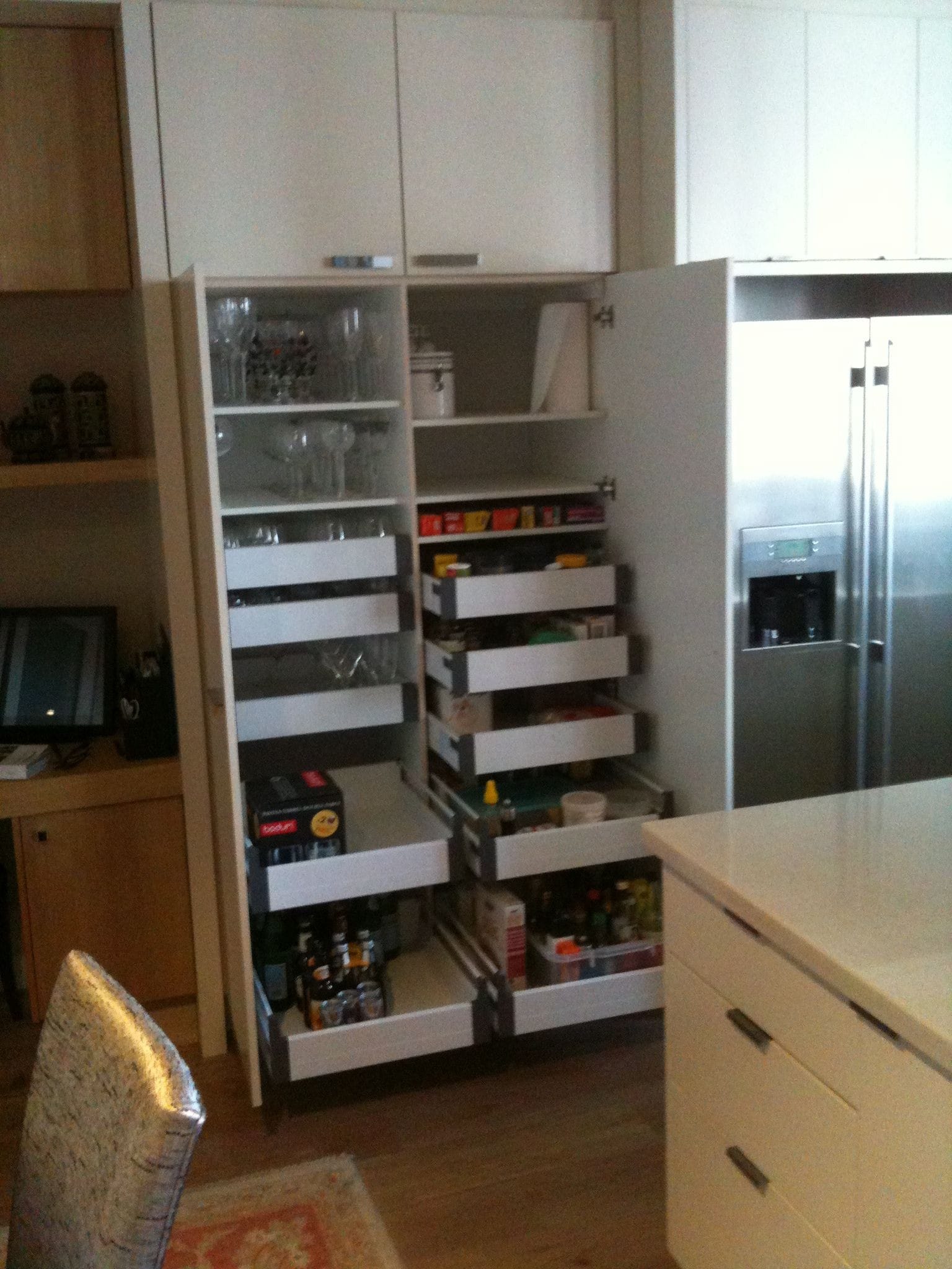 Tall double door split pantry with 10 Blum Inner Drawers supplied and installed by Easy Access Kitchens
