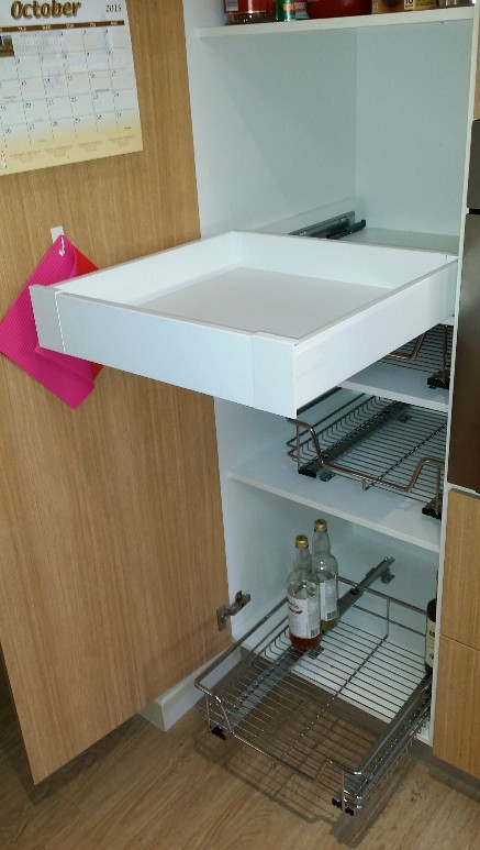 The difference between Blum Inner Drawers and Pull out Wireware Baskets. Both can be supplied and installed by Easy Access Kitchens Perth.