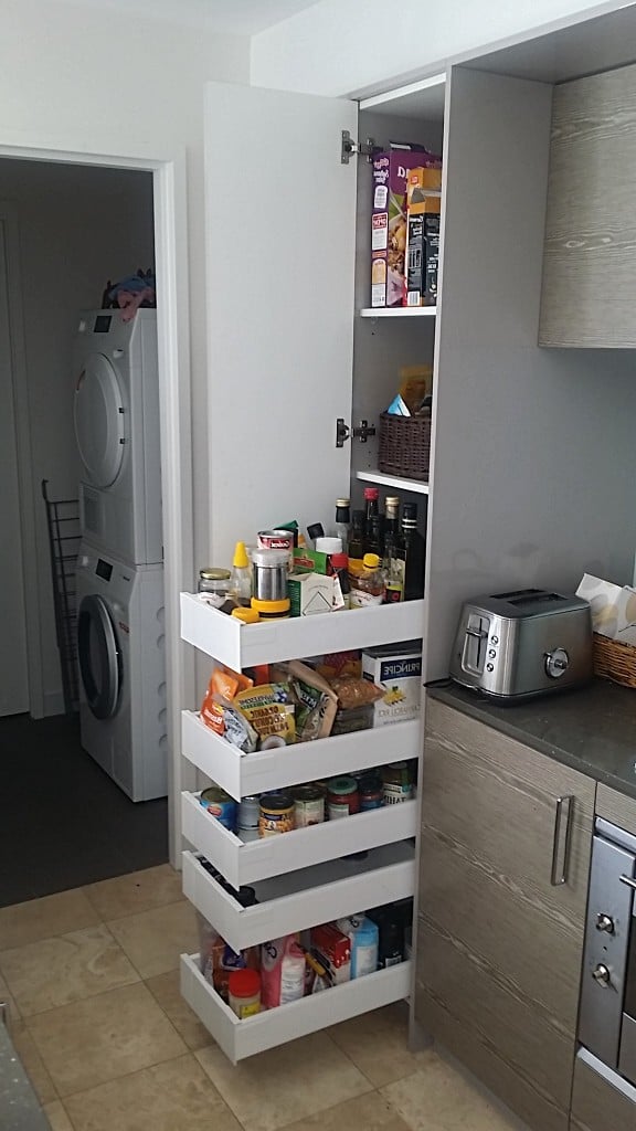 Tall single door Pantry with 5 pantry Drawers installed by Easy Access Kitchens